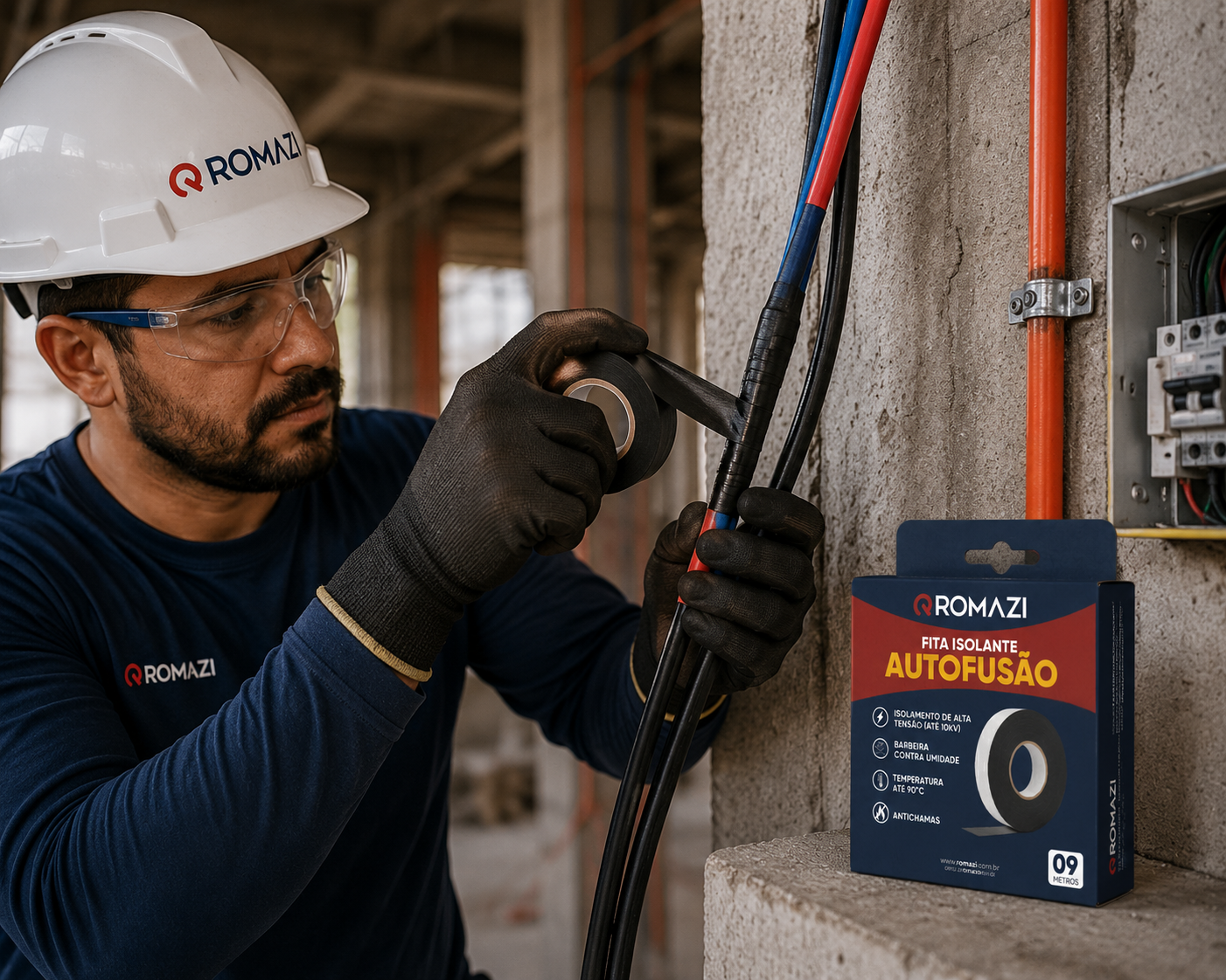 Eletricista Romazi aplicando fita isolante de autofusão em cabos